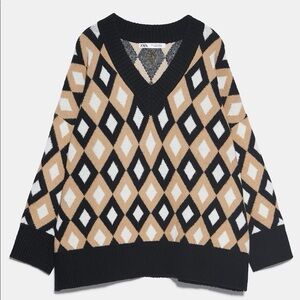 ZARA Diamond Jacquard Black & Tan Pattern V-neck Sweater Women’s Top